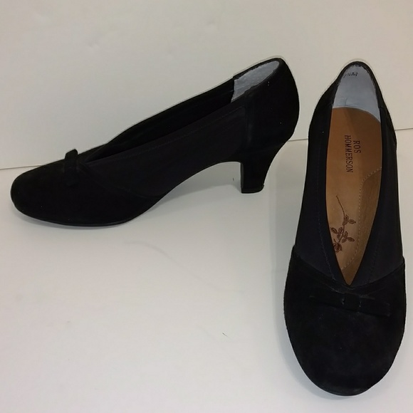 Black Comfort Pumps Suede Look Velveteen with Bows - Picture 1 of 8